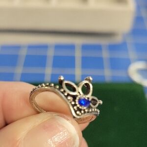 Silver Tone Crown Ring Blue Gem Size 6